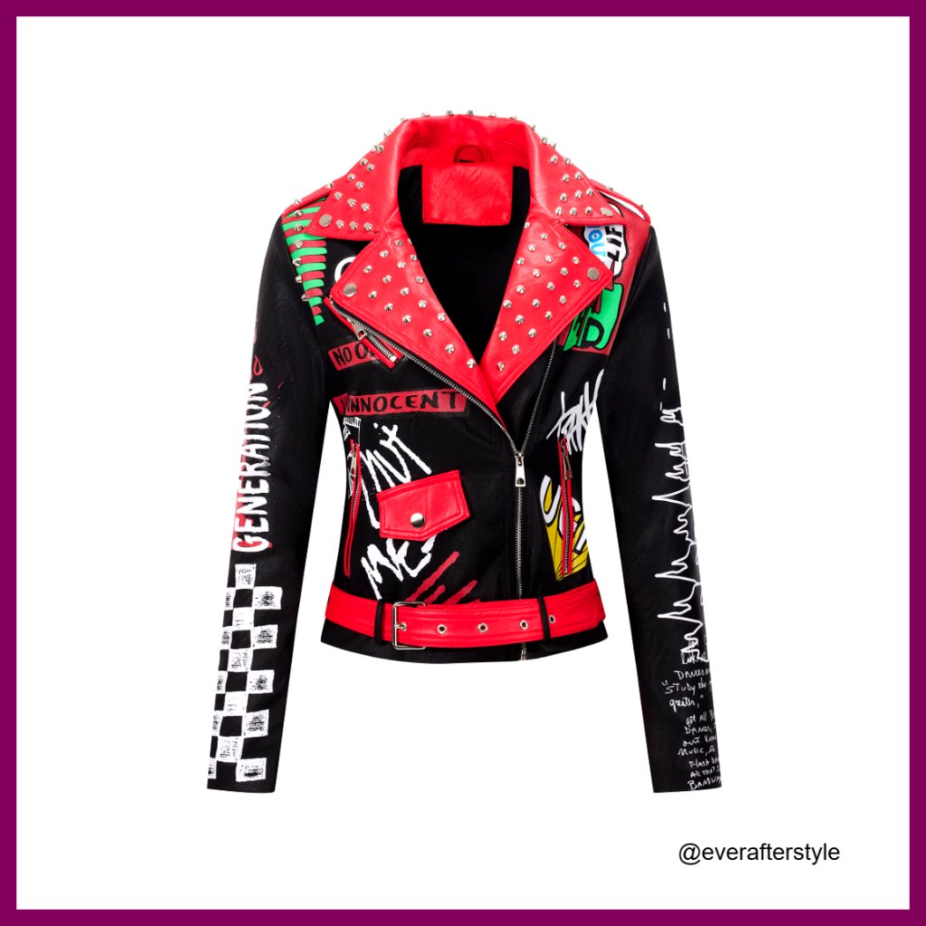 Faux Leather Moto Jacket Studded Rivet Belted Hip-Length Streetwear Chic